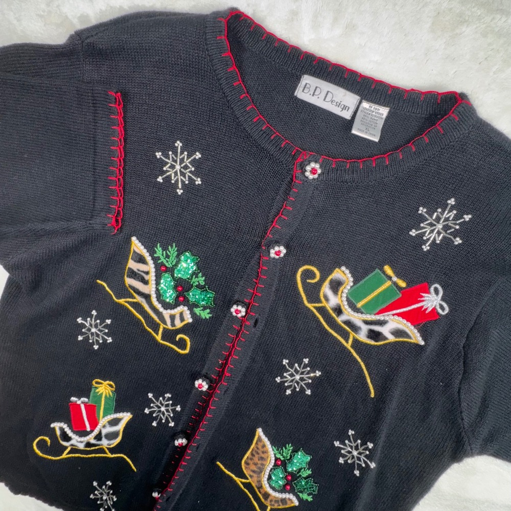 B.P. Design Christmas Cardigan Women XL Black Sleigh Sequin Beaded‎ Ugly Sweater